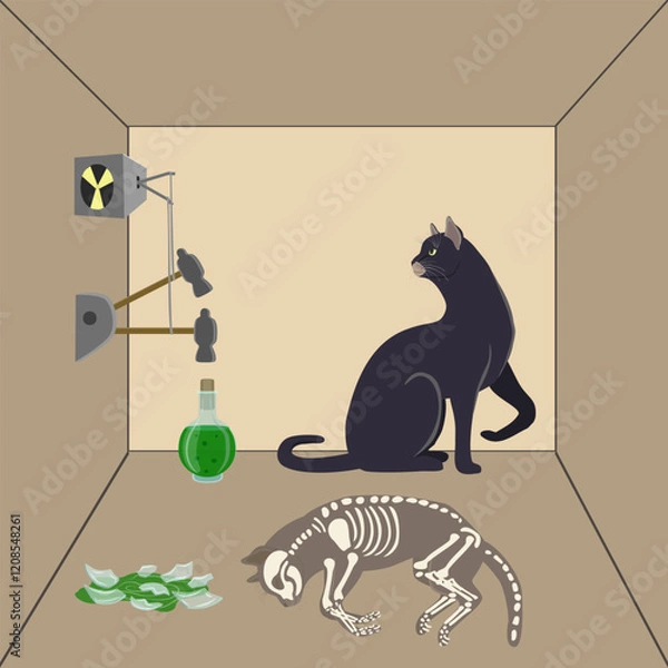 Fototapeta Illustration of Schrodinger's cat: the concept of quantum mechanics demonstrating the paradox of a living and dead cat in a box, with a radioactive element, a hammer, and a poison flask.