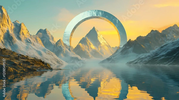 Fototapeta A golden mountain range with a shimmering silver peak framed within a celestial portal, reflecting a dream-like landscape in a serene pool of water. Silver Peak. Illustration