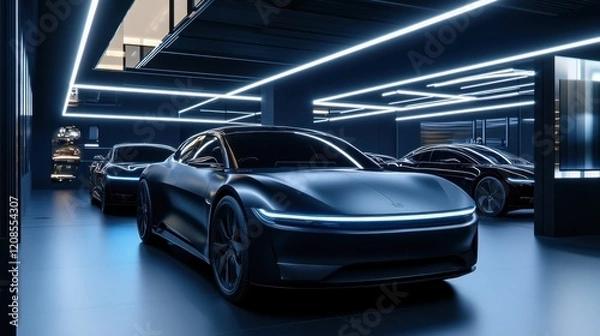 Obraz Sleek Modern Electric Cars in a Futuristic Showroom with Neon Lights and Advanced Technology Showcasing Innovation in Automotive Design