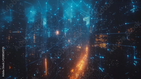 Obraz Smart digital Innovation city with connection network reciprocity over the cityscape. of future smart wireless digital city and social media networking systems that connects people with in city