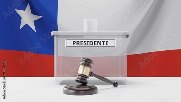Fototapeta 3D rendering of a Chilean ballot box with a sign saying "presidente", which means "president" in Spanish, and a court hammer. With the Chilean flag in the background.