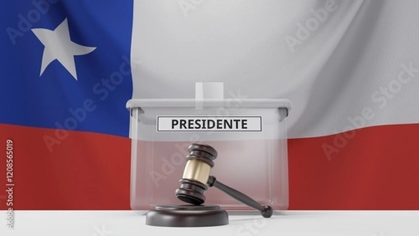 Fototapeta 3D rendering of a Chilean ballot box with a sign saying "presidente", which means "president" in Spanish, and a court hammer. With the Chilean flag in the background.