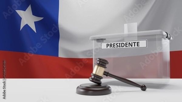 Fototapeta 3D rendering of a Chilean ballot box with a sign saying "presidente", which means "president" in Spanish, and a court hammer. With the Chilean flag in the background.