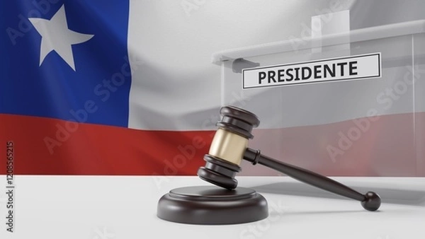Fototapeta 3D rendering of a Chilean ballot box with a sign saying "presidente", which means "president" in Spanish, and a court hammer. With the Chilean flag in the background.