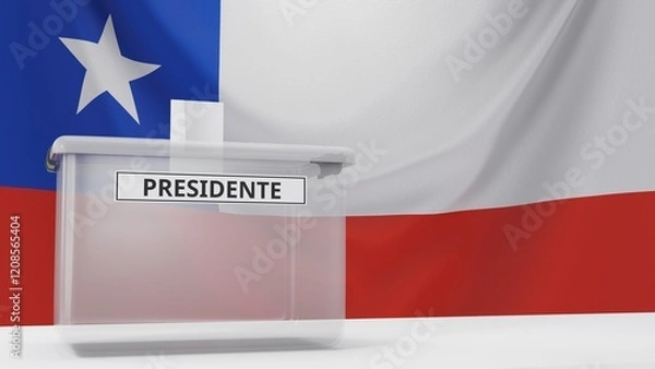 Fototapeta 3D rendering of a Chilean ballot box with a sign saying "presidente", which means "president" in Spanish. With the Chilean flag in the background.