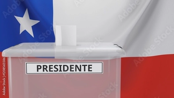 Fototapeta 3D rendering of a Chilean ballot box with a sign saying "presidente", which means "president" in Spanish. With the Chilean flag in the background.