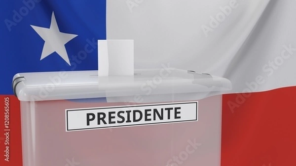Fototapeta 3D rendering of a Chilean ballot box with a sign saying "presidente", which means "president" in Spanish. With the Chilean flag in the background.