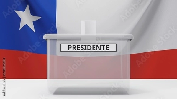 Fototapeta 3D rendering of a Chilean ballot box with a sign saying "presidente", which means "president" in Spanish. With the Chilean flag in the background.