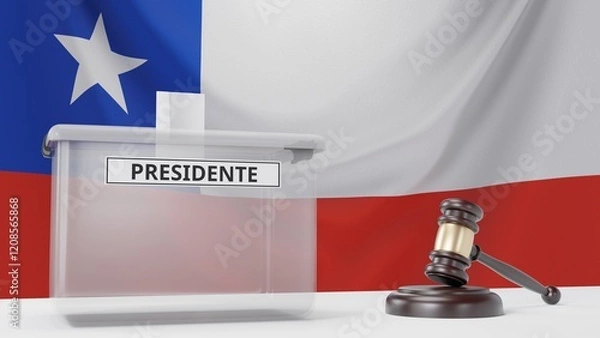 Fototapeta 3D rendering of a Chilean ballot box with a sign saying "presidente", which means "president" in Spanish, and a court hammer. With the Chilean flag in the background.