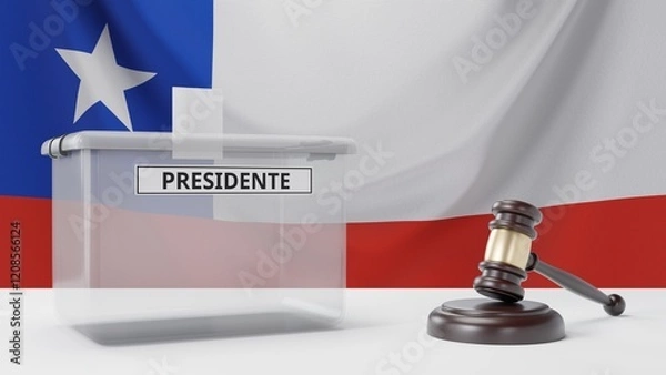 Fototapeta 3D rendering of a Chilean ballot box with a sign saying "presidente", which means "president" in Spanish, and a court hammer. With the Chilean flag in the background.