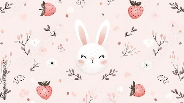 Fototapeta Minimalist yet cute pattern of rabbits, small strawberries, and simple bows, arranged symmetrically on a soft pastel pink base