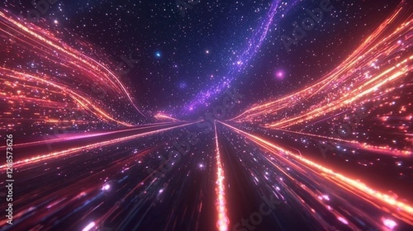 Fototapeta A breathtaking cosmic highway with luminous nebulae on either side, stars twinkling above, and galaxies visible in the distance.