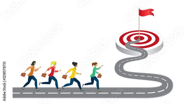 Obraz Group of women running on winding road to their goal. Vector illustration.