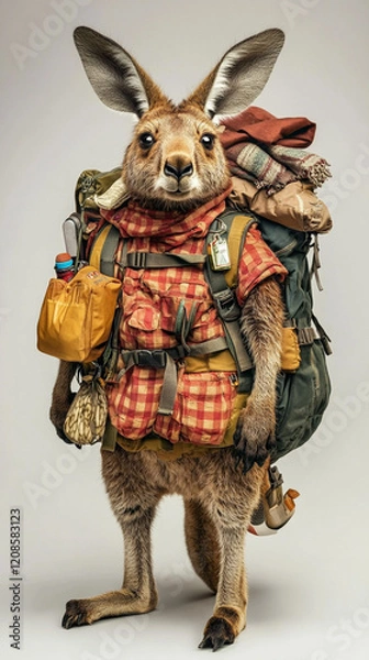 Fototapeta Antropomorphic kangaroo dressed as traveller backpacker  - souvenir from Australia, toy - vertical banner	
