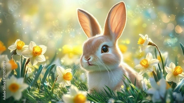 Fototapeta Adorable easter bunny surrounded by daffodils in lush green grass