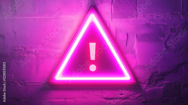 Fototapeta Triangle sign, warning exclamation sign, neon glowing symbol