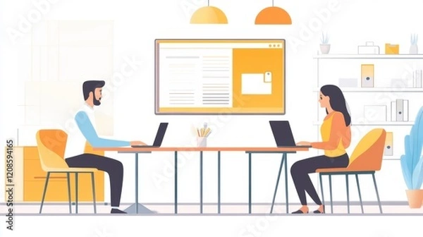 Fototapeta Smiling Man and Woman Working on Laptops in Modern Office - Collaboration