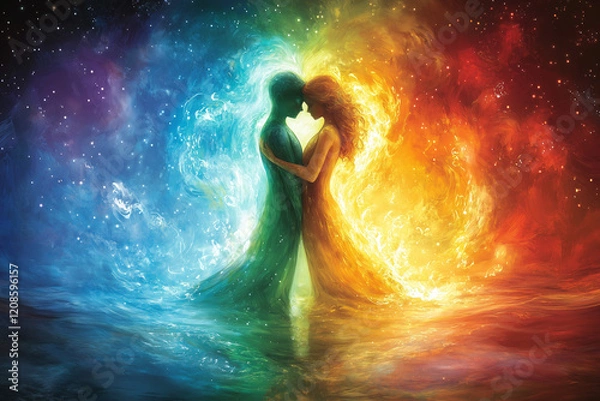 Fototapeta Glowing twin souls in a cosmic embrace, their auras merging into radiant, intertwined flames.