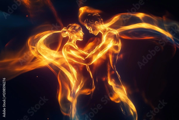 Fototapeta Glowing twin souls in a cosmic embrace, their auras merging into radiant, intertwined flames.