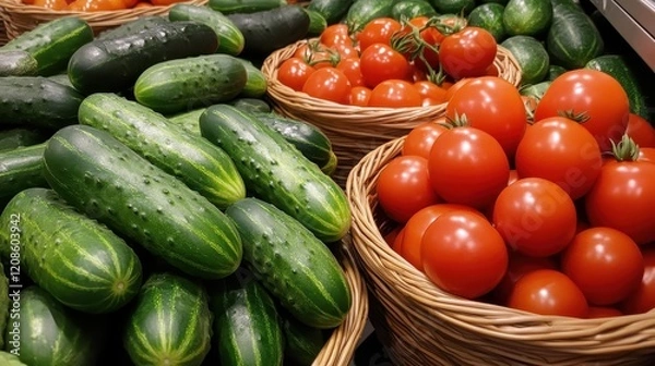 Fototapeta Fresh Cucumbers and Ripe Tomatoes in a Vibrant Grocery Display with Baskets Highlighting Healthy and Colorful Vegetables for a Wholesome Culinary Experience