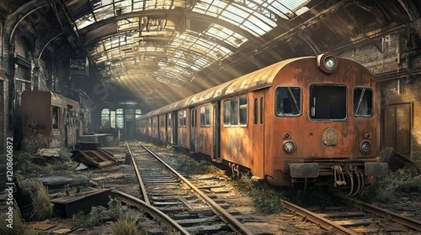 Fototapeta An abandoned train station with an old orange train, surrounded by overgrown plants and illuminated by soft sunlight filtering through the broken glass roof.