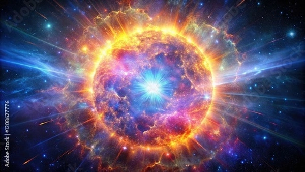 Fototapeta A breathtaking supernova explosion in a distant galaxy with vibrant colors and intense radiation, astrophysical phenomenon, cosmic flare, starburst, astronomical event, neutron star merger