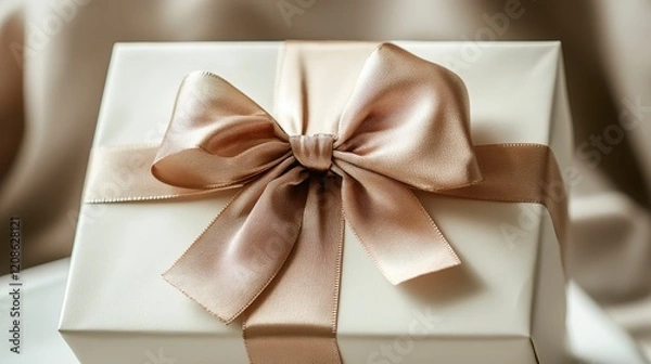 Fototapeta Elegant Gift Box with Beige Satin Ribbon Bow Close Up View Luxury Present
