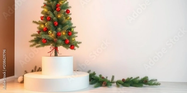Fototapeta A Christmas scene featuring a tall fir tree with red and green ornaments and lights on a white pedestal with surrounding pine branches, pedestal, garland