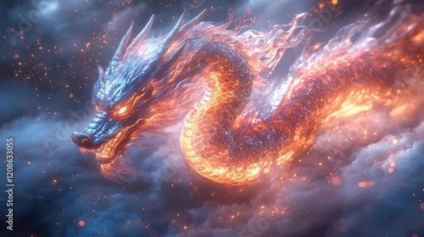 Fototapeta modern digital art interpretation of traditional chinese dragon with iridescent scales weaving through misty clouds with glowing energy trails