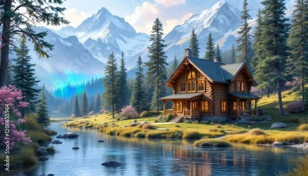 Fototapeta Serene Mountain Cabin by the River