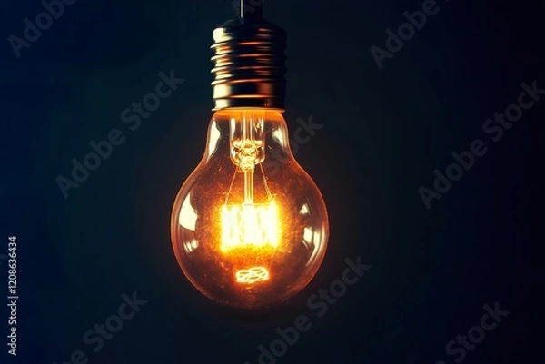 Fototapeta Warm glowing light bulb illuminating dark space with elegance