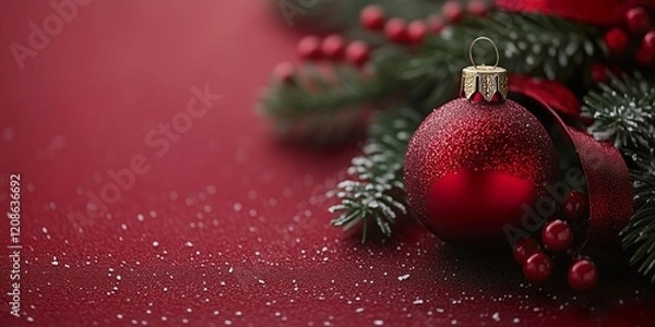 Fototapeta Festive red ornament and greenery on a holiday table setting