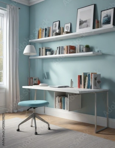 Fototapeta A minimalist study with a pale blue desk chair and a matching bookshelf, depth effect, quiet atmosphere