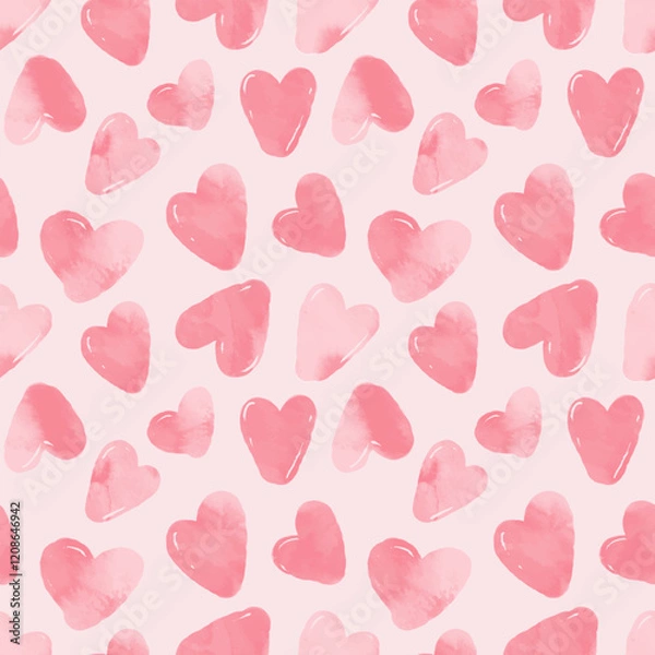 Fototapeta Pink watercolor hearts seamless repeating vector template. Artistic watercolor spots textured doodle heart shape. Hand brush drawn cute doodle, endless chaotic background, template
