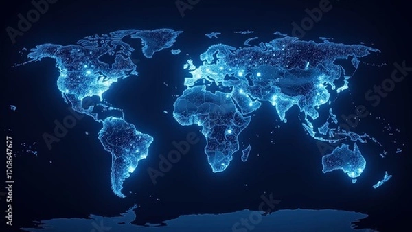 Obraz Elegantly designed world map with interconnected dotted lines, highlighting nations and continents. Dots shimmer softly against the deep blue backdrop, creating a sophisticated global tapestry