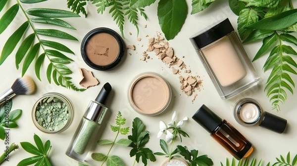 Obraz Elegant flat lay of natural cosmetic products with fresh green leaves and blossoms