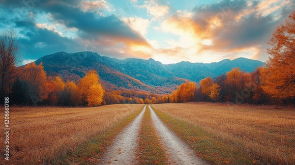 Fototapeta A serene autumn landscape in a retro Italian rural setting, with a dirt road leading through golden fields under a cloudy sky, minimalistic and modern with a bright, blurred, empty space for captions
