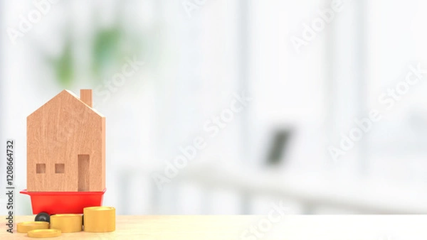 Fototapeta The Wood  House on red cart for Property or Building concept 3d Rendering.