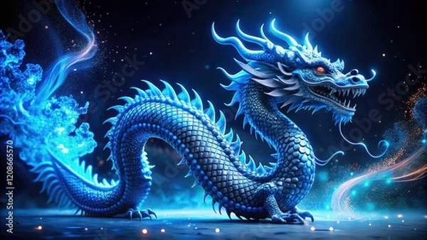 Fototapeta Futuristic blue dragon, a blend of Chinese and cyberpunk aesthetics, dominates a dark digital art scene with glowing scales.