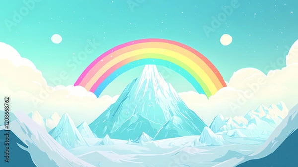 Fototapeta A mountain with a rainbow bridge connecting it to a distant land. Rainbow Bridge. Illustration