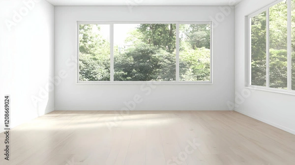 Fototapeta Empty room with white walls, hardwood floors, and windows showing a lush green view.