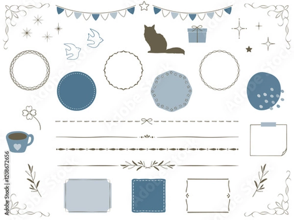 Obraz おしゃれなブルー系のフレームやライン、あしらいのイラスト素材セット