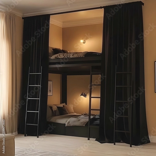 Fototapeta Cozy Bunk Beds Embrace Warm Lighting and Dark Curtains in a Modern Bedroom Design.