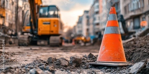 Fototapeta Close-up of an orange traffic cone on a wet road during construction.