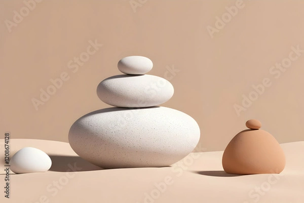 Fototapeta 3D Render of Abstract Pebble Balancing Stones on a Beige Background