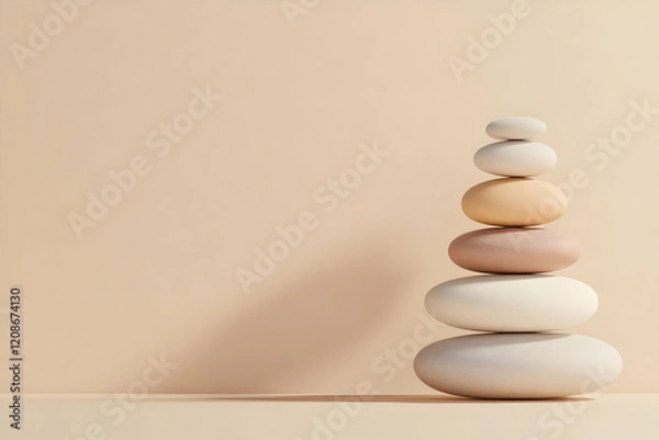 Fototapeta 3D Stack of Smooth Stones Creates Balance and Harmony on a Minimalist Beige Background.