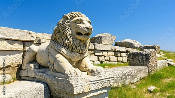 Fototapeta Ancient stone lion statue at historical ruins, sunny day, clear sky, travel destination
