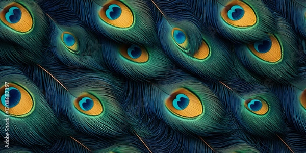 Fototapeta Seamless peacock feather pattern: A multitude of peacock feathers, their bright blue, green, and gold shades creating a complex yet harmonious design, transitioning smoothly from one to another