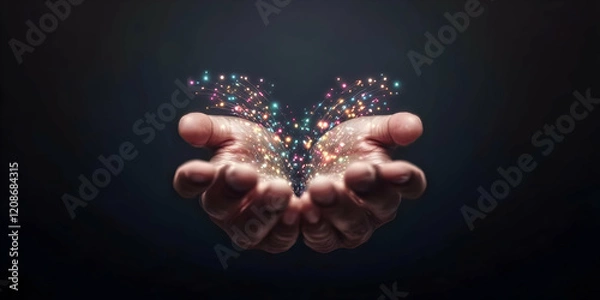 Fototapeta Open Hands Gently Hold a Flow of Colorful Fiber Optic Lights in Dark Background