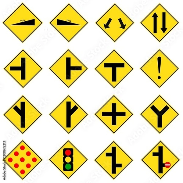 Fototapeta A partial collection of road signs used in Malaysia. Warning, prohibition, mandatory and information signs. Vector illustration